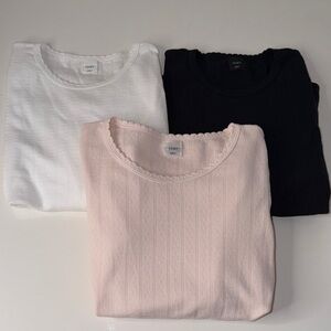 EUC Bundle of 3 LESET Pointelle tees Long Sleeve Cotton White, Black, Pink Small